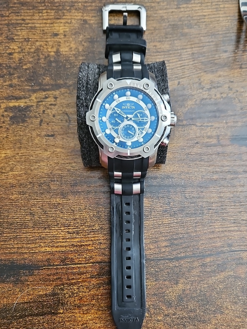 Invicta Blue Dial Silver Case Men's Sport Chronograph Watch with Black Strap